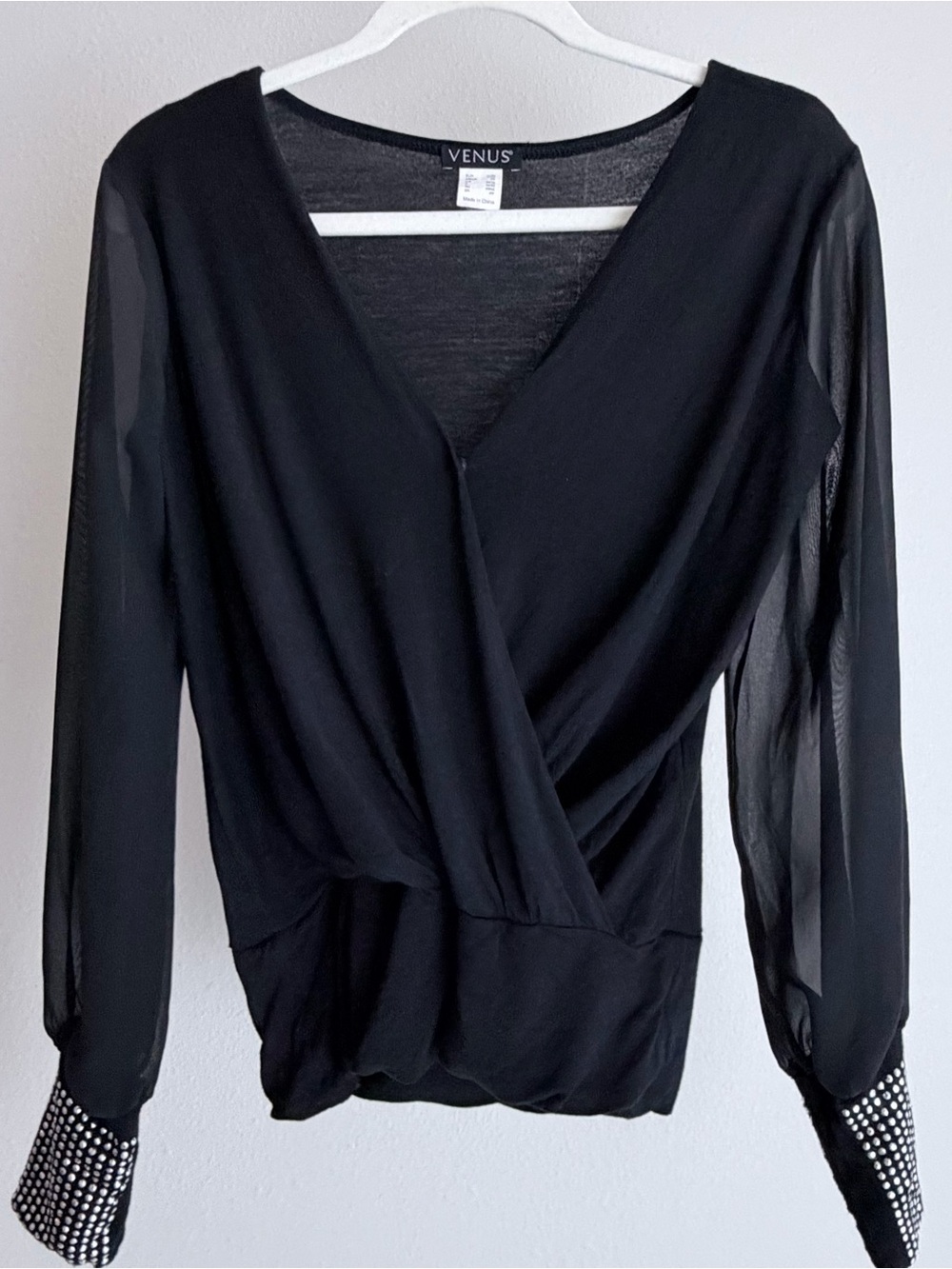 VENUS Black Sheer-Sleeve Surplice Blouse with Studded Cuffs
